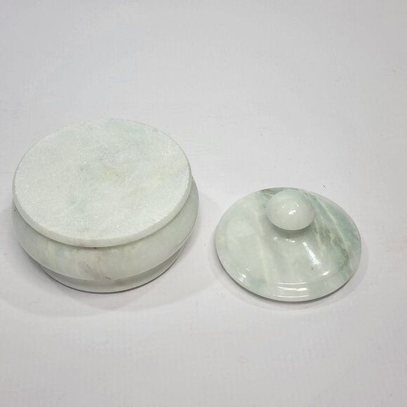 Vintage Marble Round Lidded Trinket Vanity Box 3” Diameter Light Green - Picture 3 of 8